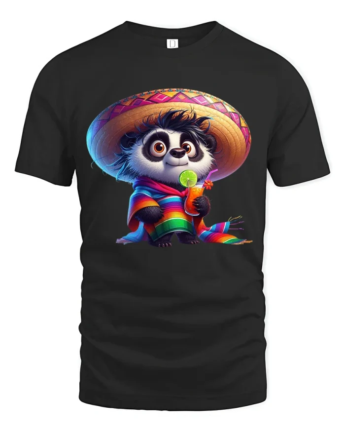 Cute Panda Sombrero Fiesta Graphic T Shirt Colorful Fun Art - black t-shirt on white background