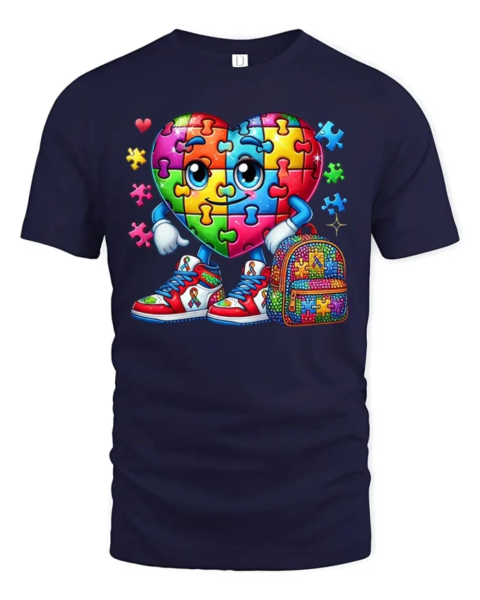 Cute Puzzle Heart Graphic T Shirt Colorful Happy Love Style - navy t-shirt on white background