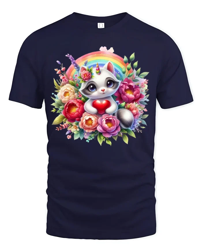 Cute Unicorn Raccoon Graphic T Shirt Rainbow Floral Love Style - navy t-shirt on white background