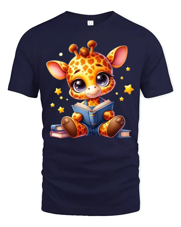 Cute Giraffe Reading Book Graphic T Shirt Cozy Learning Art - navy t-shirt on white background