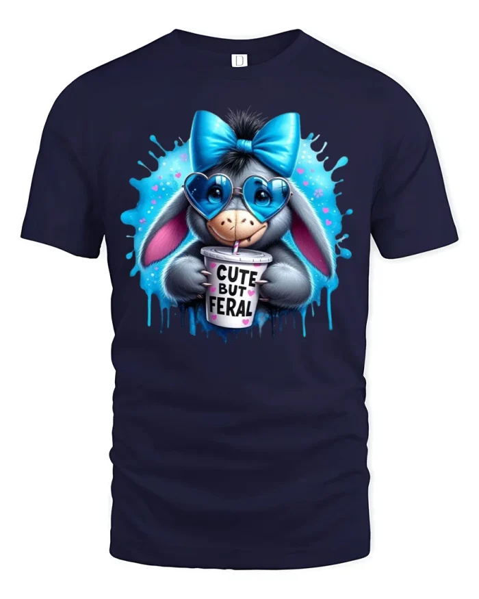 Cute But Feral Donkey Graphic T Shirt Funny Sassy Art Style - navy t-shirt on white background