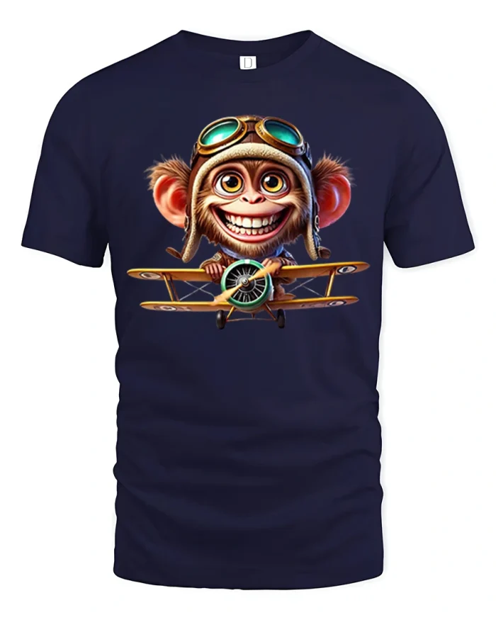 Funny Pilot Monkey Airplane Cartoon Graphic T Shirt Smiling Aviator - navy t-shirt on white background