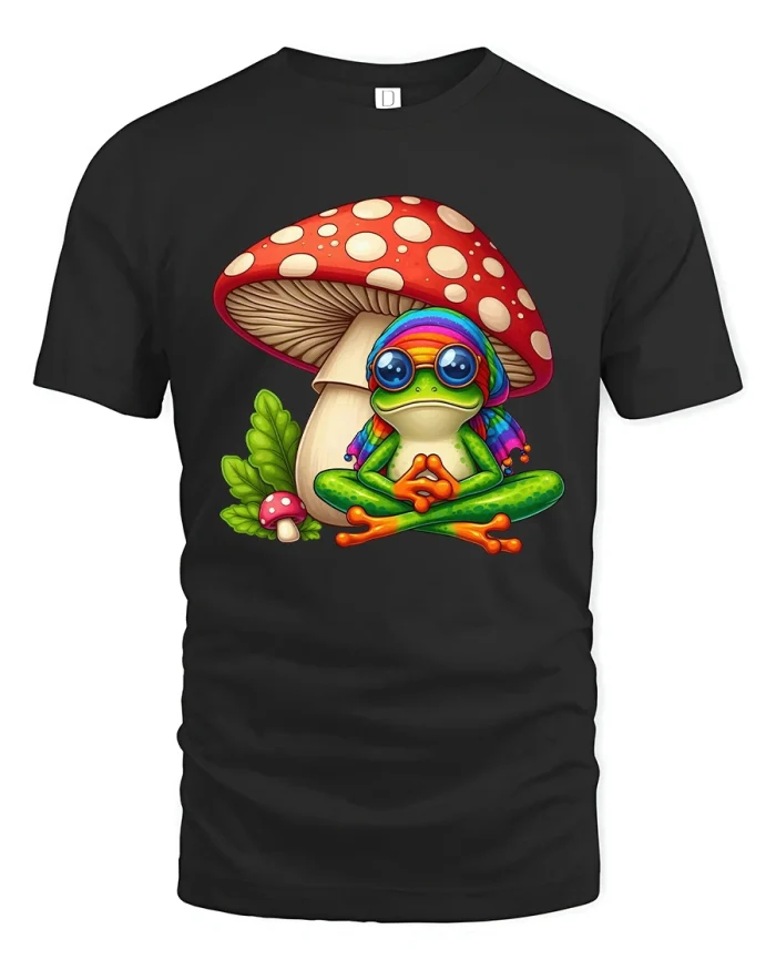 Psychedelic Frog Meditation Tee With Trippy Mushroom Art - black t-shirt on white background