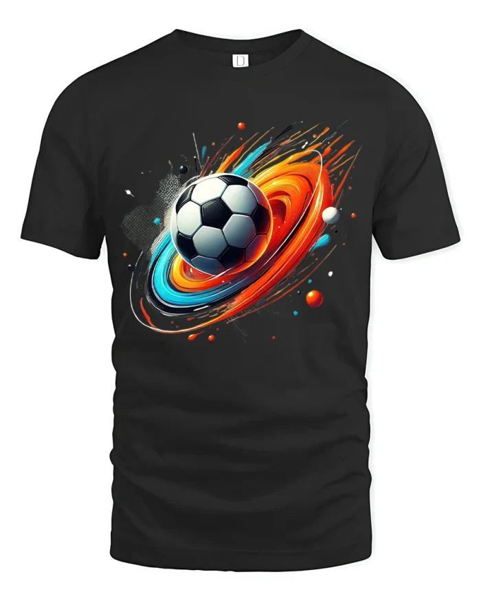 Cosmic Soccer Energy Tee With Explosive Motion Ball Artwork - black t-shirt on white background