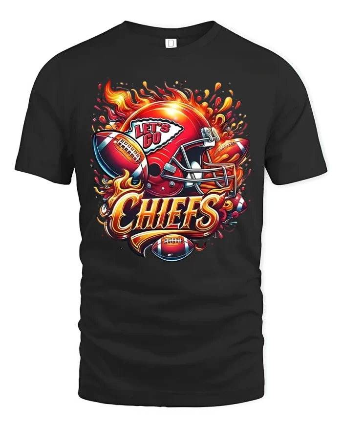 Lets Go Chiefs Football Tee With Flaming Helmet Power Art - black t-shirt on white background