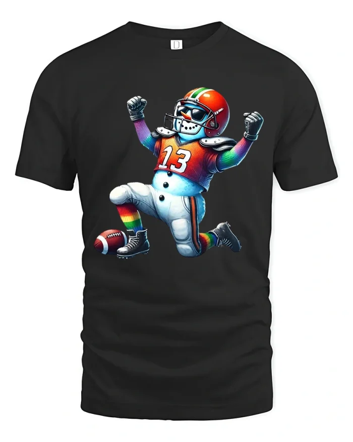 Funny Snowman Football Tee With Rainbow Uniform Victory Pose - black t-shirt on white background