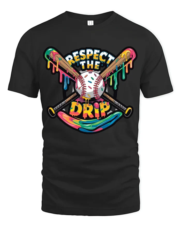 Respect The Drip Baseball Tee With Colorful Street Art Style - black t-shirt on white background