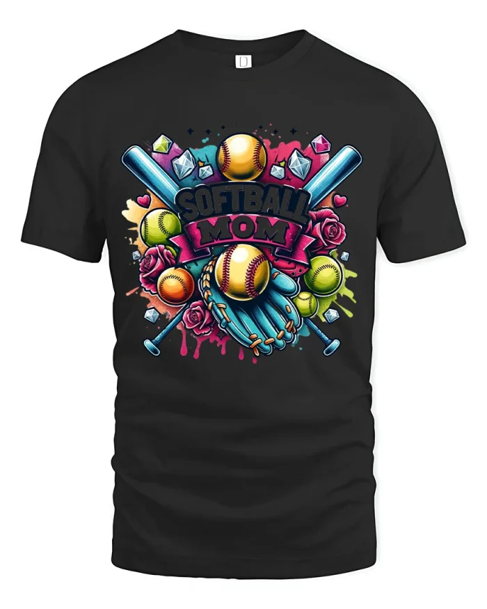Proud Softball Mom Tee With Colorful Bats Gloves And Heart Art - black t-shirt on white background