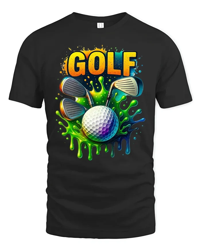 Colorful Golf Splash Art Tee With Clubs Ball And Creative Energy - black t-shirt on white background