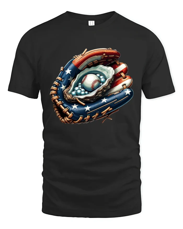 Patriotic Baseball Glove Tee With American Flag Pearl Art - black t-shirt on white background