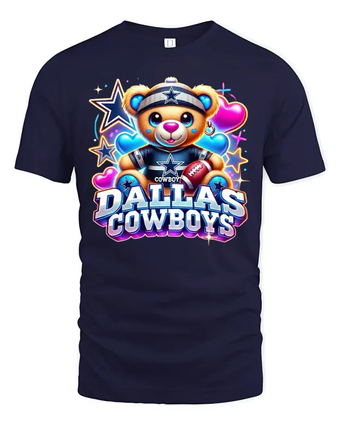 Cute Dallas Cowboys Bear Tee With Football Hearts And Star Power - navy t-shirt on white background