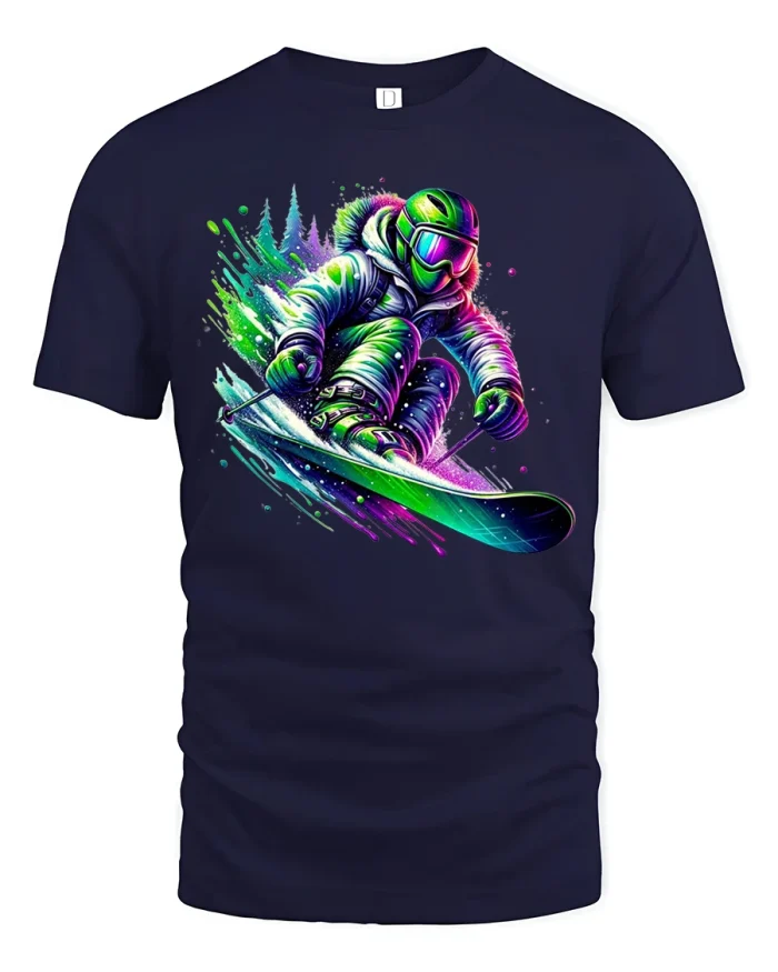 Neon Snowboard Action Tee With Color Splash Extreme Winter Art - navy t-shirt on white background