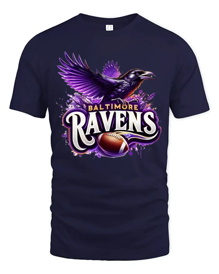 Baltimore Ravens Football Tee With Fierce Raven Flight Artwork - navy t-shirt on white background