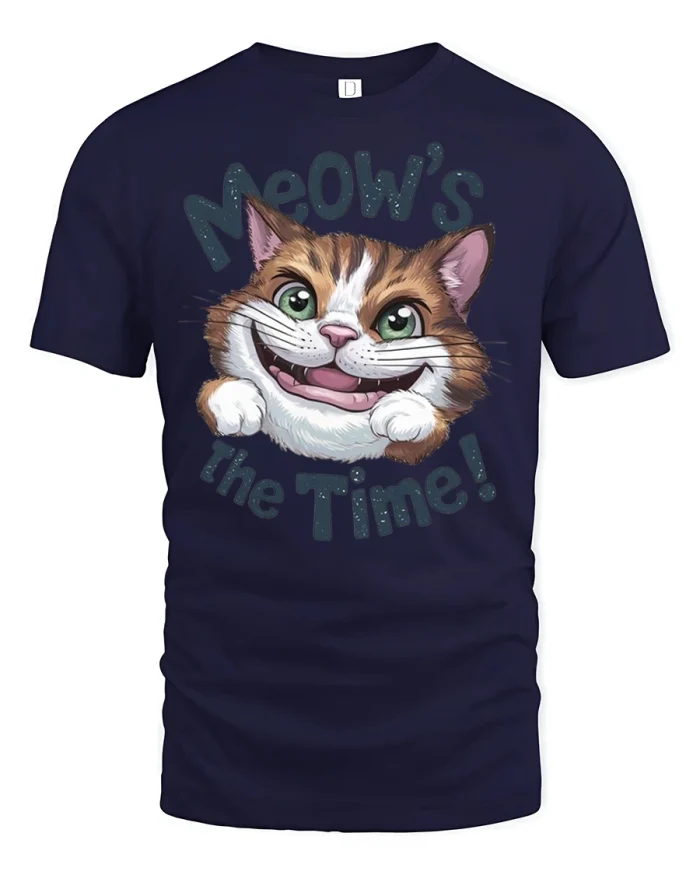 Meows The Time Cat Tee With Funny Smiling Kitty Face Art - navy t-shirt on white background