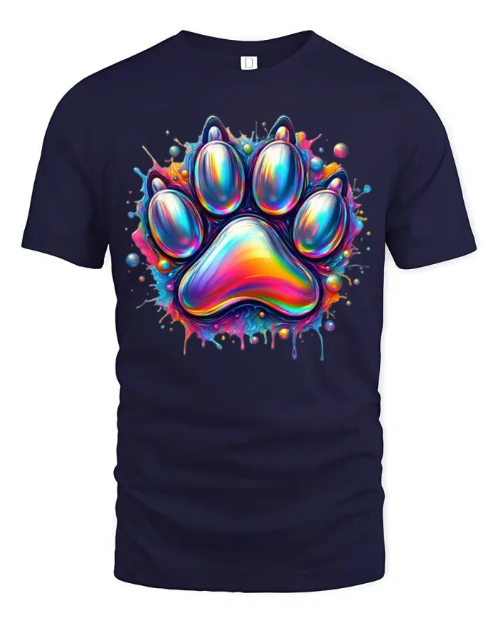 Colorful Rainbow Paw Print Tee With Vibrant Paint Splash Art - navy t-shirt on white background