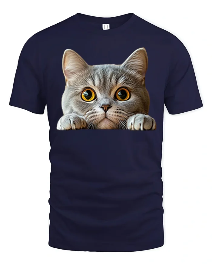 Cute Peekaboo Cat Tee With Big Curious Eyes And Playful Paws - navy t-shirt on white background