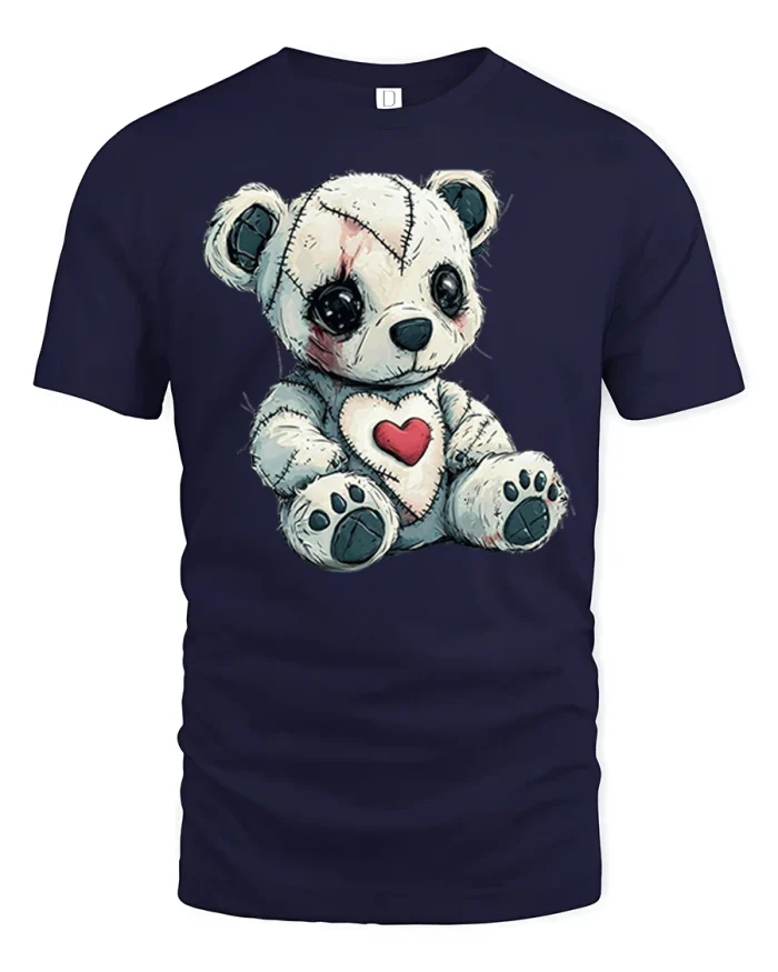 Cute Stitched Teddy Bear Tee With Heart Patch And Soft Toy Charm - navy t-shirt on white background