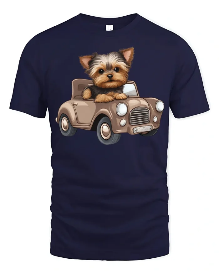 Cute Puppy Driving Car Tee With Adorable Dog And Vintage Ride Art - navy t-shirt on white background