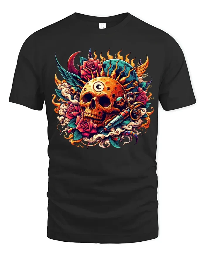 Mystic Skull Art Tee With Roses Flames And Cosmic Tattoo Style - black t-shirt on white background