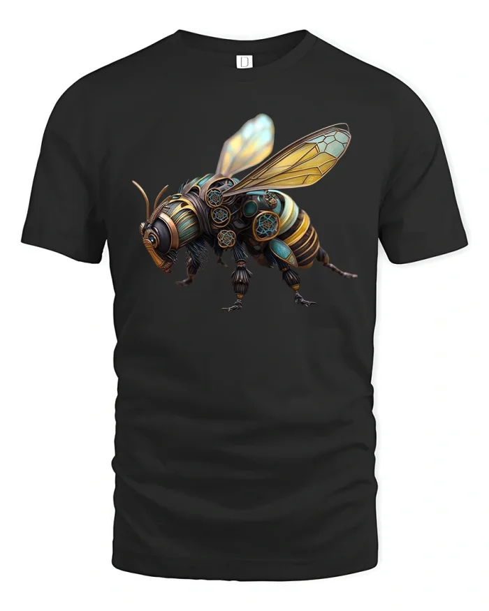 Steampunk Mechanical Bee Tee With Vintage Sci Fi Art - black t-shirt on white background
