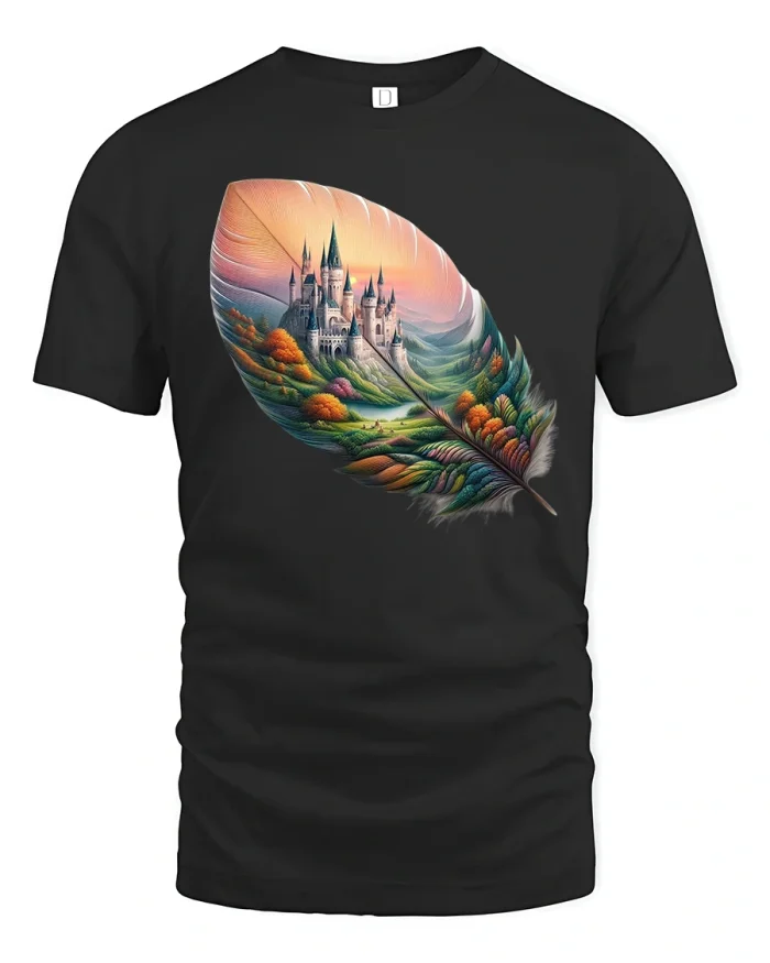 Fantasy Castle Feather Tee With Dreamy Landscape Artistic Design - black t-shirt on white background