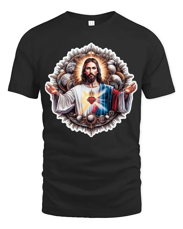 Sacred Heart Jesus Faith Tee With Radiant Light And Devotional Art - black t-shirt on white background