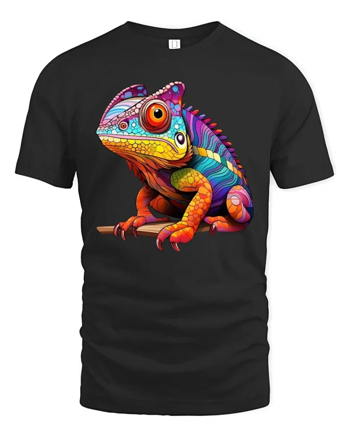Colorful Chameleon Art Tee With Vibrant Scales And Playful Style - black t-shirt on white background