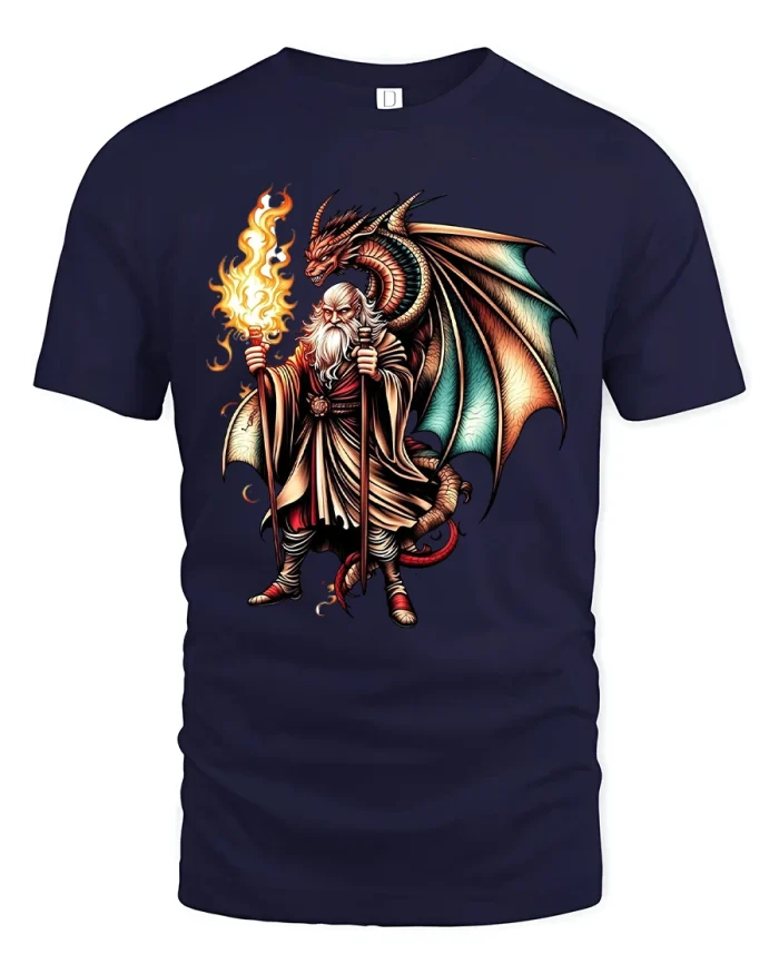 Epic Wizard And Dragon Fantasy Tee With Fire Magic Power Art - navy t-shirt on white background