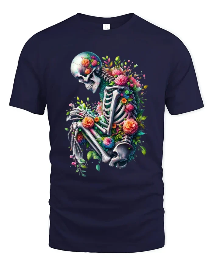 Floral Skeleton Art Tee With Dark Beauty And Nature Harmony - navy t-shirt on white background