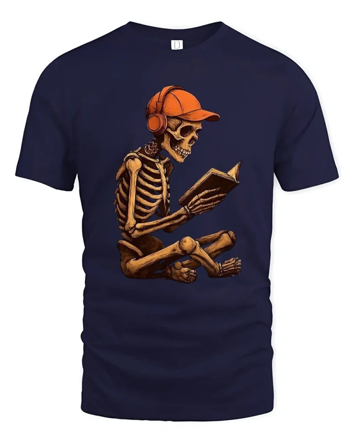 Skeleton Reader With Headphones Tee Showing Smart Dark Humor Style - navy t-shirt on white background