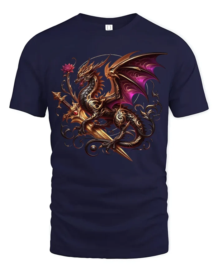 Ornate Fantasy Dragon Sword Art Tee With Powerful Mythic Energy - navy t-shirt on white background