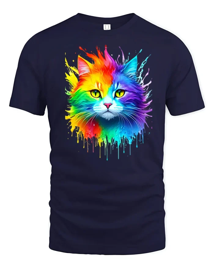Rainbow Paint Splash Cat Face Art Tee With Vibrant Creative Energy - navy t-shirt on white background