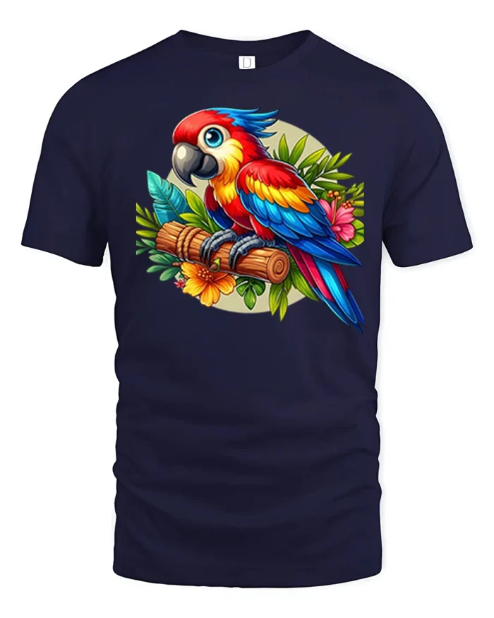 Colorful Tropical Parrot Illustration Tee With Bright Playful Energy - navy t-shirt on white background