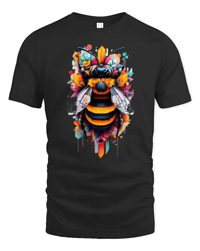 Colorful Geometric Bee Art Graphic Tshirt Nature Inspired Design - black t-shirt on white background