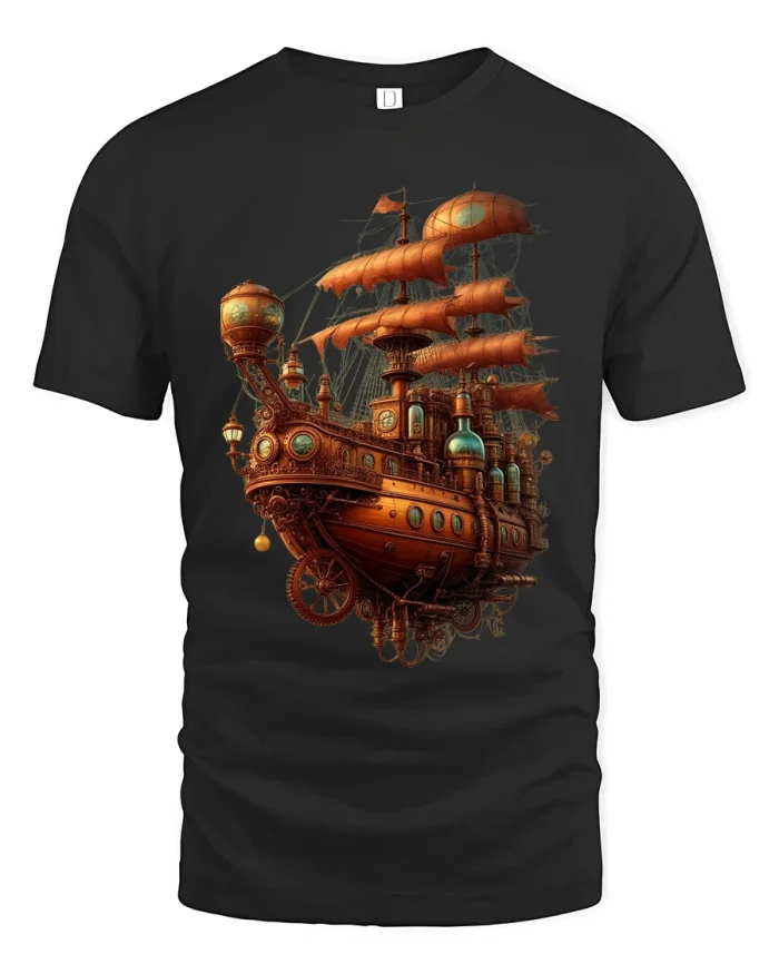 Steampunk Flying Airship Fantasy Art Graphic Tshirt Adventure - black t-shirt on white background