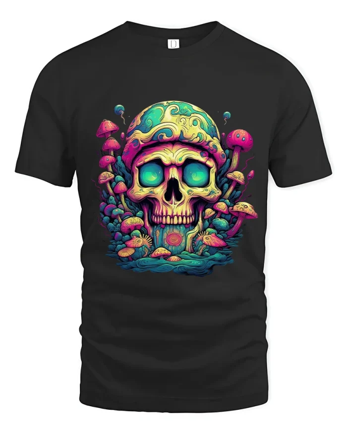 Psychedelic Skull Mushroom Art Graphic Tshirt Trippy Style Wear - black t-shirt on white background