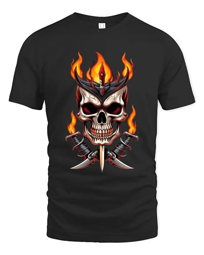 Flaming Skull And Daggers Graphic Tshirt Fierce Warrior Art - black t-shirt on white background