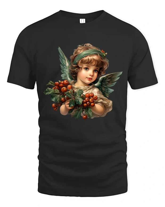 Vintage Angel Child Illustration Graphic Tshirt Soft Artistic Style - black t-shirt on white background