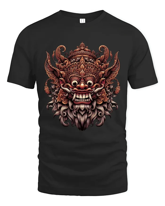 Mythical Guardian Mask Art Graphic Tshirt Bold Cultural Design - black t-shirt on white background