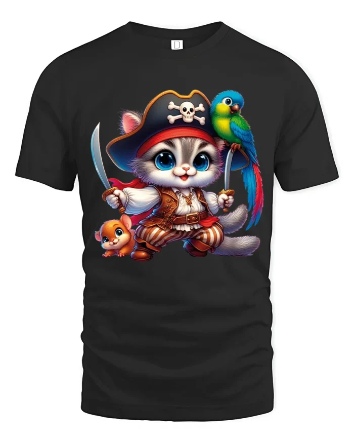 Cute Pirate Cat Adventure Graphic Tshirt Playful Cartoon Art - black t-shirt on white background