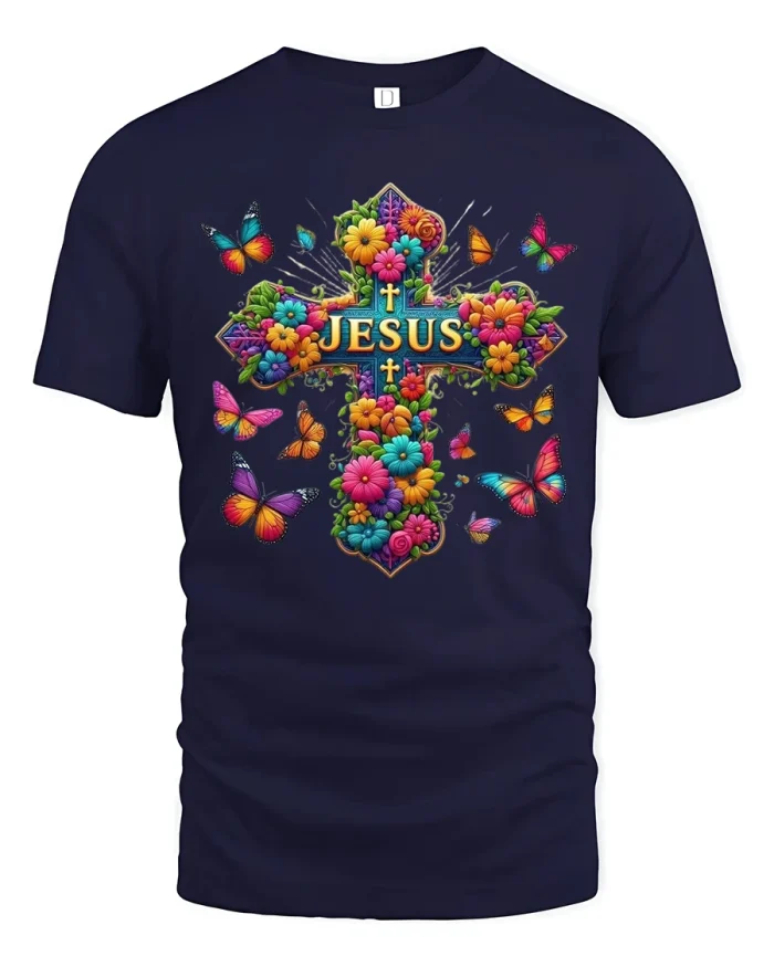 Colorful Floral Cross Jesus Art Graphic Tshirt Faith Inspired - navy t-shirt on white background