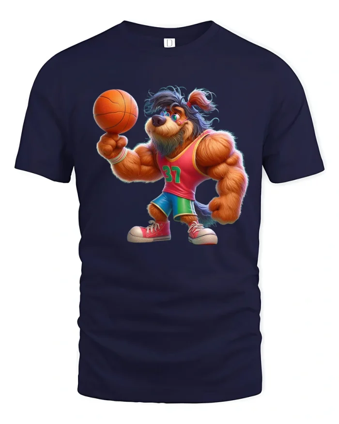 Funny Muscular Dog Basketball Graphic Tshirt Cartoon Sports Art - navy t-shirt on white background