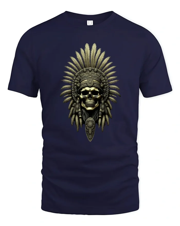 Tribal Skull Headdress Art Graphic Tshirt Bold Warrior Style - navy t-shirt on white background