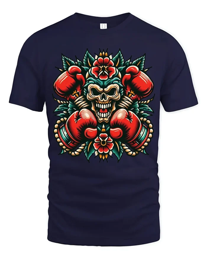 Skull Boxing Gloves Tattoo Art Graphic Tshirt Fierce Power - navy t-shirt on white background