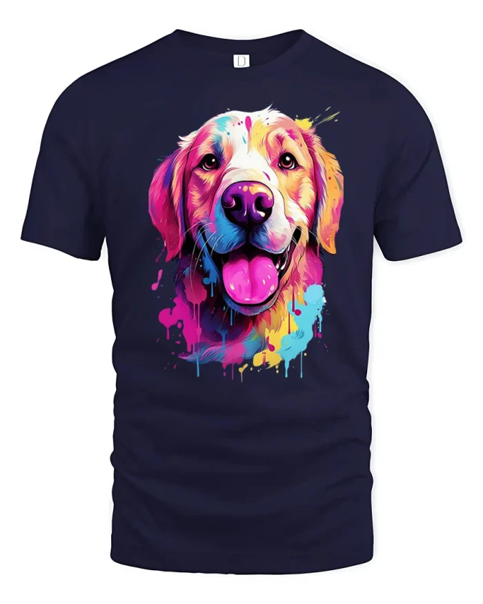 Colorful Paint Splash Dog Portrait Graphic Tshirt Happy Art - navy t-shirt on white background