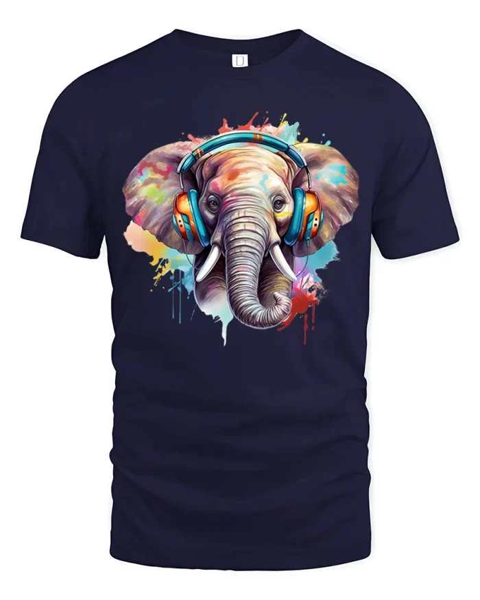 Colorful Elephant With Headphones Graphic Tshirt Music Art - navy t-shirt on white background