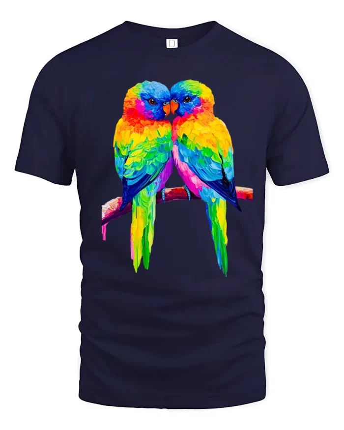 Colorful Love Birds Art Graphic Tshirt Bright Romantic Style - navy t-shirt on white background