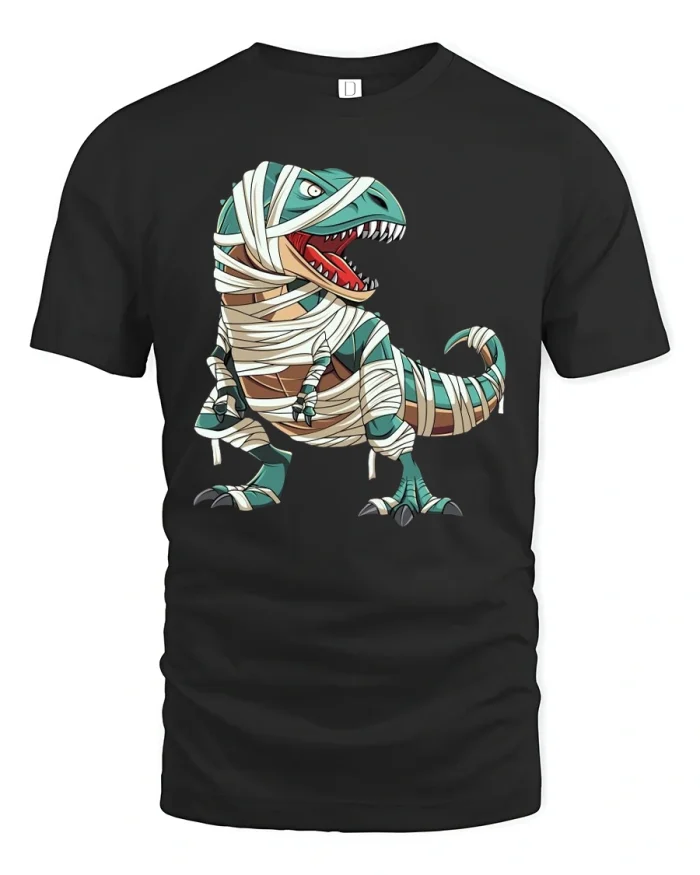 Funny Mummy Dinosaur T Shirt Cartoon Wrapped T Rex Art - black t-shirt on white background