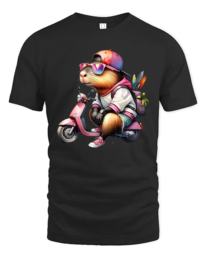 Cool Scooter Capybara Tee Funny Street Ride Animal Graphic - black t-shirt on white background