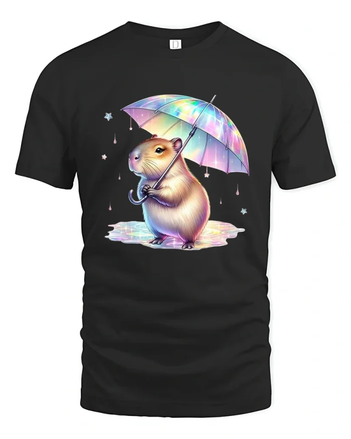Cute Rainbow Umbrella Hamster Tee Dreamy Fantasy Animal Art - black t-shirt on white background